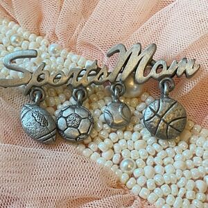 Vintage Spoontiques Sports Mom Pewter Brooch Pin with Multi Sports Dangle Charms
